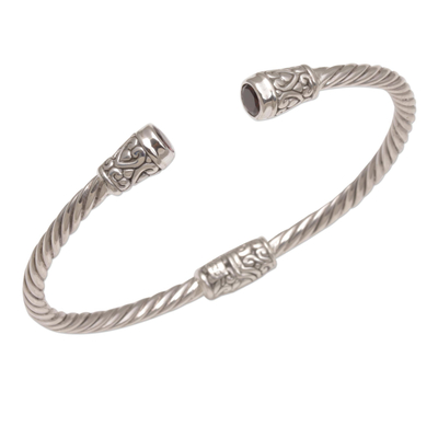 Garnet cuff bracelet, 'Spiral Temple' - Garnet and Sterling Silver Cuff Bracelet from Bali