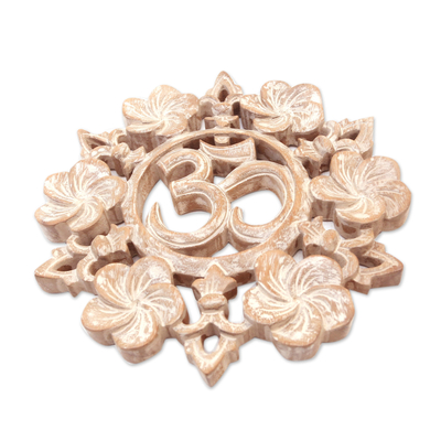 Wood relief panel, 'Universal Jepun' - Handcrafted Suar Wood Floral Om Relief Panel from Bali