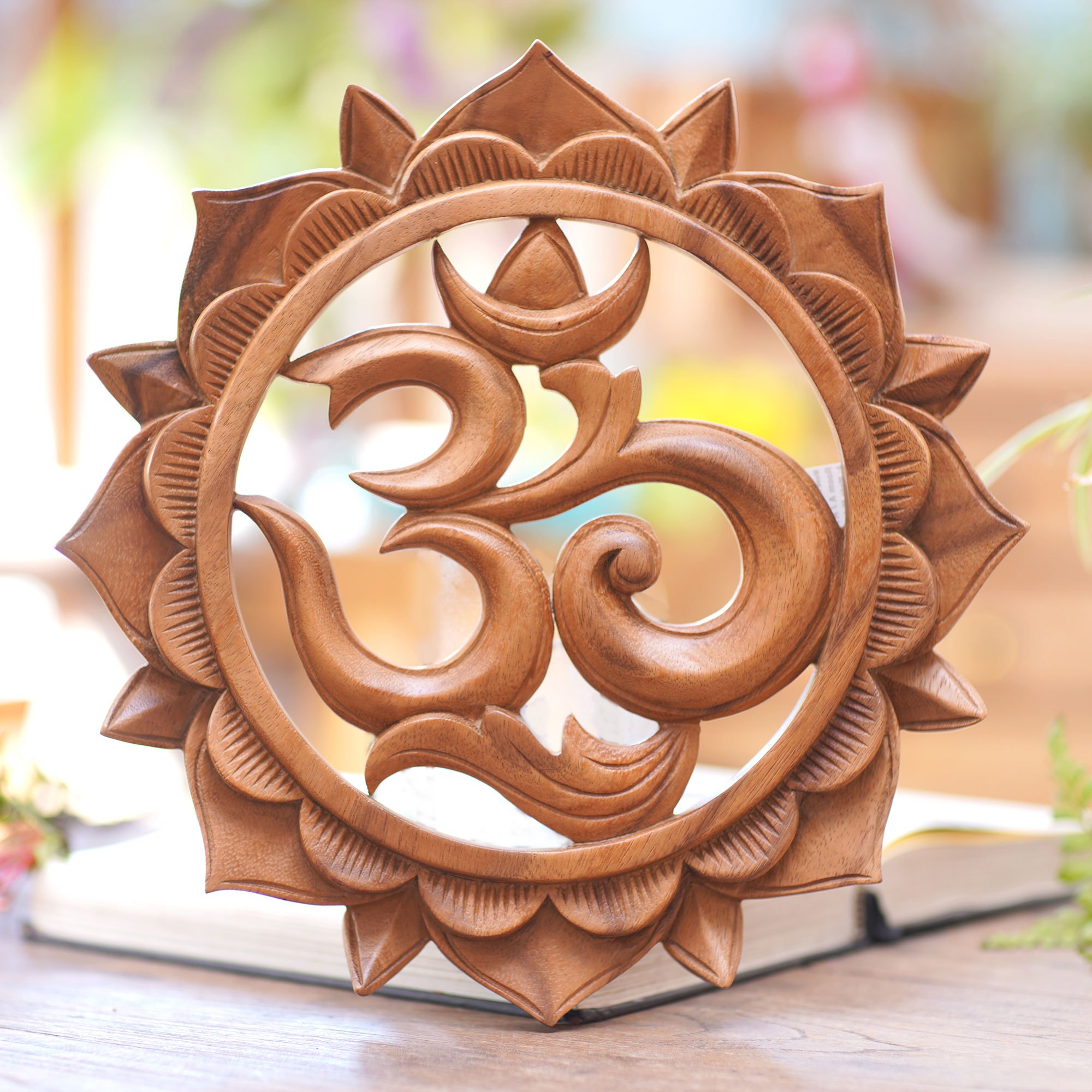 Brown Om Petals NOVICA Floral Om Meditation Wood Relief Wall Sculpture