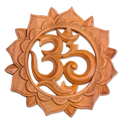 Wood relief panel, 'Sunflower Om' - Brown Suar Wood Floral Om Relief Panel from Bali