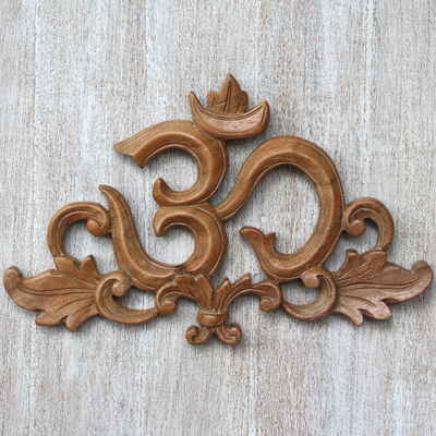 Wood relief panel, 'Flourishing Om' - Handcrafted Suar Wood Leafy Om Relief Panel from Bali