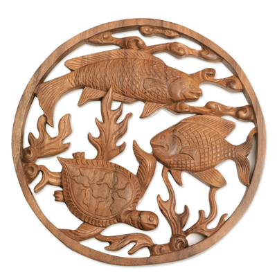 Wood relief panel, 'Ocean Haven' - Handmade Wood Relief Panel with Fish and Turtle from Bali