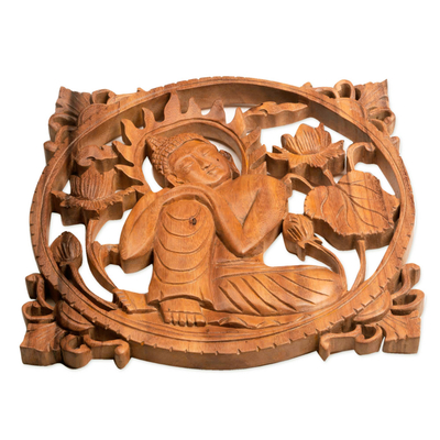 Wood relief panel, 'Buddha in Repose' - Handcrafted Suar Wood Buddha Relief Panel from Bali