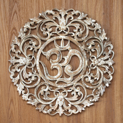 Wood relief panel, 'Om Garden' - Suar Wood Om Relief Panel with Natural Motifs from Bali