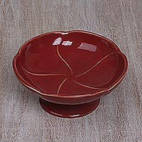 Ceramic catchall, 'Frangipani in Red' - Handcrafted Ceramic Floral Catchall in Red from Bali