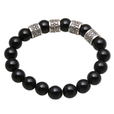 Onyx beaded stretch bracelet, 'Shrine Shadow' - Onyx and 925 Silver Beaded Stretch Bracelet from Bali