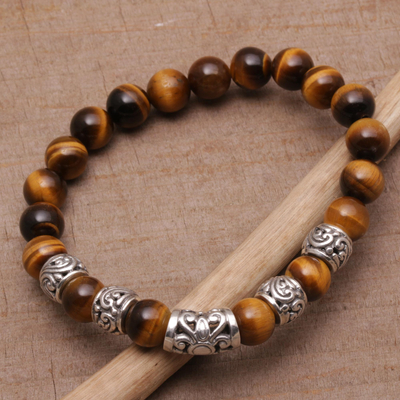 Tiger's eye beaded stretch bracelet, 'Earthen Temple' - Tiger's Eye Beaded Stretch Bracelet from Bali