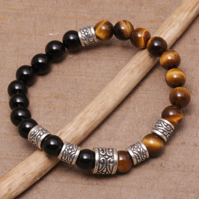 Tigers eye and onyx beaded stretch bracelet, Batuan Renaissance