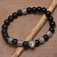Onyx and lava stone beaded stretch bracelet, 'Leopard Strength' - Onyx Leopard Beaded Stretch Bracelet from Bali