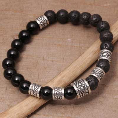 Onyx and lava stone beaded stretch bracelet, 'Batuan Renaissance' - Onyx and Lava Stone Beaded Stretch Bracelet from Bali