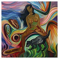 'Friendship' - Signed Surrealist Painting of a Woman and Dog from Bali