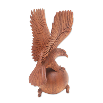 Wood sculpture, 'American Bald Eagle' - Hand Carved Wood Sculpture of a Bald Eagle Landing