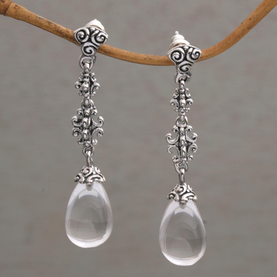 Pendientes colgantes de cuarzo - Aretes colgantes de cuarzo transparente y plata esterlina de Bali