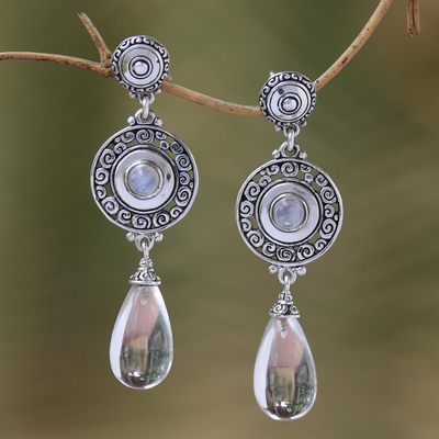 Quartz and rainbow moonstone dangle earrings, 'Byzantine Shield' - Quartz and Rainbow Moonstone Dangle Earrings from Bali