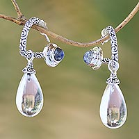 Quartz and rainbow moonstone dangle earrings, Temple Hoops