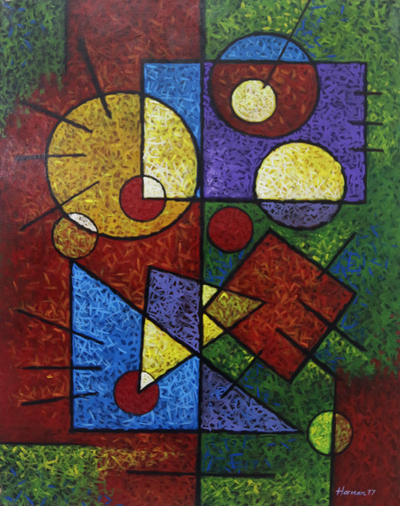 'Geometric in Colors' - Signed Colorful Geometric Abstract Painting from Bali