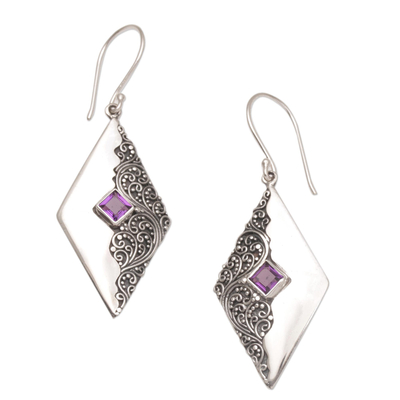 Amethyst dangle earrings, 'Diamond Ferns' - Amethyst Diamond-Shaped Dangle Earrings from Bali