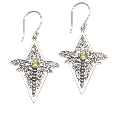 Peridot and 925 Silver Dragonfly Dangle Earrings from Bali