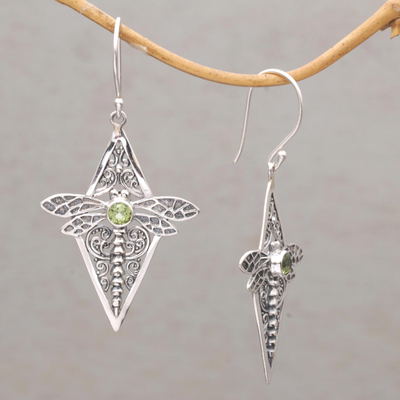 Peridot dangle earrings, 'Dragonfly Diamonds' - Peridot and 925 Silver Dragonfly Dangle Earrings from Bali