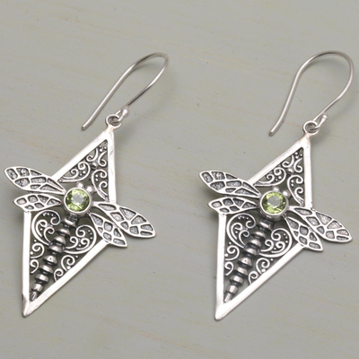 Peridot dangle earrings, 'Dragonfly Diamonds' - Peridot and 925 Silver Dragonfly Dangle Earrings from Bali
