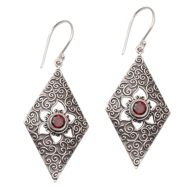 Garnet dangle earrings, 'Daisy Spirals' - Garnet and Sterling Silver Floral Dangle Earrings from Bali