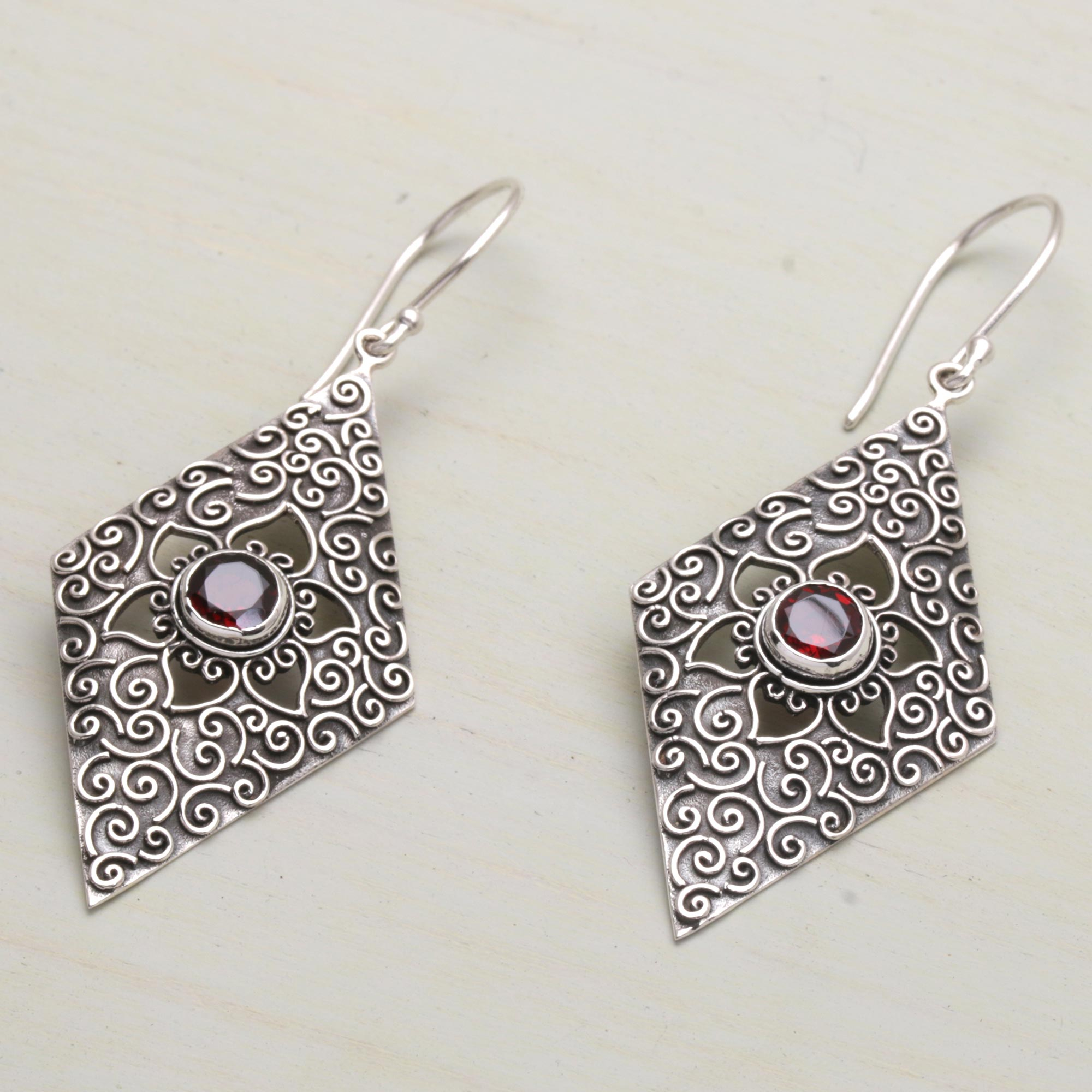 Garnet and Sterling Silver Floral Dangle Earrings from Bali - Daisy ...