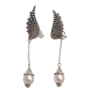 Cultured pearl dangle earrings, 'Wings of Divinity' - Handmade Cultured Pearl Angel Wing Earrings from Indonesia