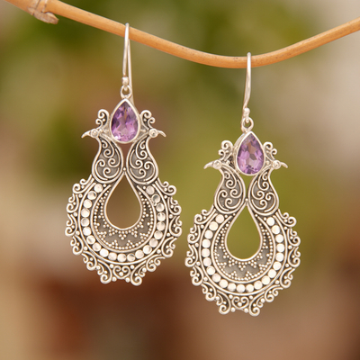 Amethyst dangle earrings, 'Sacred Source' - Amethyst Spiral Motif Dangle Earrings from Bali