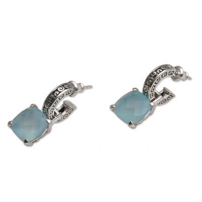 Chalcedony dangle earrings, 'Buddha Hoops' - Blue Chalcedony and 925 Silver Dangle Earrings from Bali