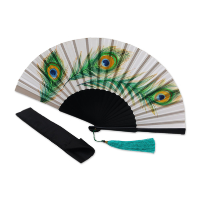 Curated gift set, 'Peacock Feather' - Peacock Feather Shawl Earrings and Hand Fan Curated Gift Set