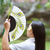 Mahogany and silk fan, 'Peacock Feather Path' - Handmade Mahogany Fan with Peacock Feathers from Bali