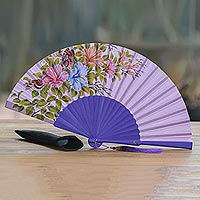 Mahogany and silk fan, 'Garden Bloom' - Hand-Painted Floral Silk and Mahogany Wood Fan from Bali