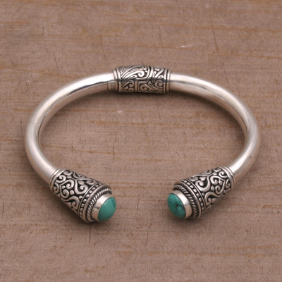 Turquoise cuff bracelet, 'Petal Temple' - Turquoise and Sterling Silver Cuff Bracelet from Bali
