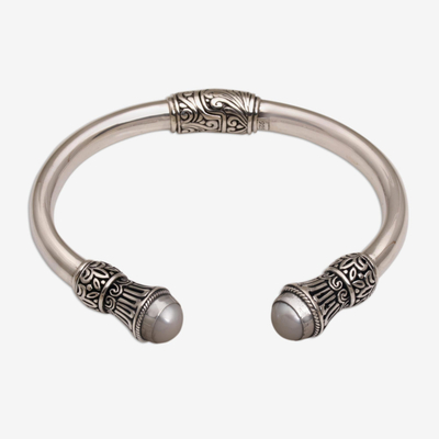 Cultured pearl cuff bracelet, 'Shared Memories' - Cultured Pearl and Sterling Silver Cuff Bracelet from Bali
