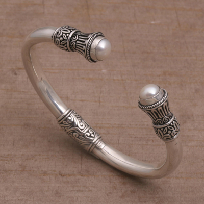 Cultured pearl cuff bracelet, 'Shared Memories' - Cultured Pearl and Sterling Silver Cuff Bracelet from Bali