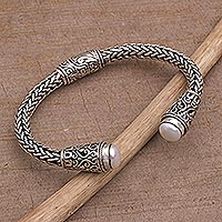 Cultured pearl cuff bracelet, 'Dragon Beauty' - Cultured Pearl and Sterling Silver Cuff Bracelet from Bali