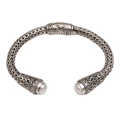 Cultured pearl cuff bracelet, 'Dragon Beauty' - Cultured Pearl and Sterling Silver Cuff Bracelet from Bali