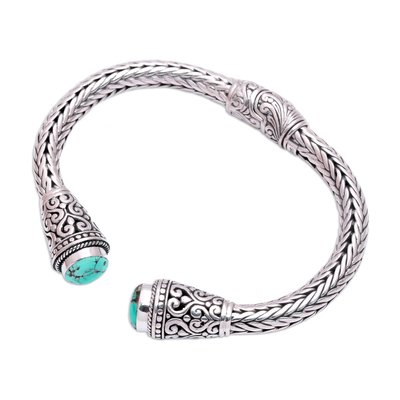 Turquoise cuff bracelet, 'Dragon Beauty' - Handmade Sterling Silver and Turquoise Cuff from Bali