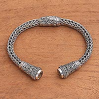 Citrine Braid Motif Sterling Silver Cuff Bracelet from Bali,'Temple Blossom'
