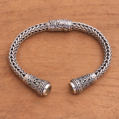 Citrine cuff bracelet, 'Temple Blossom' - Citrine Braid Motif Sterling Silver Cuff Bracelet from Bali