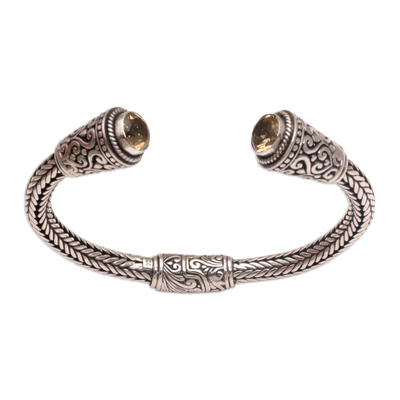 Citrine cuff bracelet, 'Temple Blossom' - Citrine Braid Motif Sterling Silver Cuff Bracelet from Bali