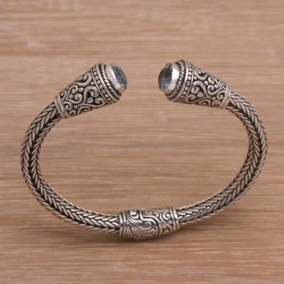 Blue topaz cuff bracelet, 'Love Temple' - Blue Topaz and 925 Silver Cuff Bracelet from Bali