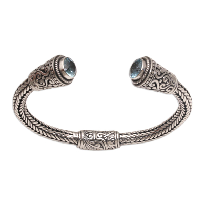 Blue topaz cuff bracelet, 'Love Temple' - Blue Topaz and 925 Silver Cuff Bracelet from Bali