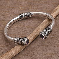 Amethyst cuff bracelet, 'Floral Grace' - Amethyst and 925 Sterling Silver Cuff Bracelet from Bali
