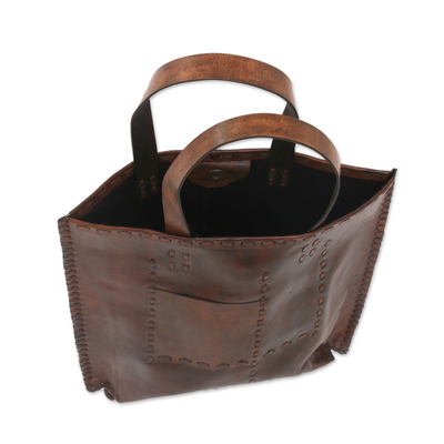 Leather tote bag, 'Kuta Heritage' - Brown Leather Tote Bag with Antique Finish from Indonesia