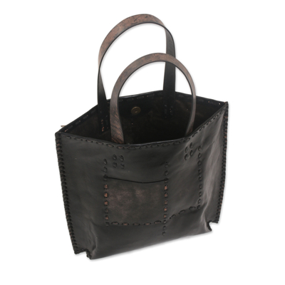 Leather tote bag, 'Kuta Pride' - Black Leather Tote Bag with Accent Stitching from Indonesia