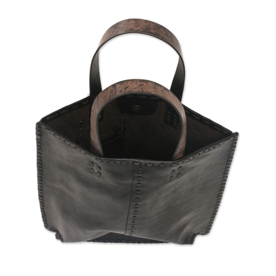 Leather tote bag, 'Kuta Pride' - Black Leather Tote Bag with Accent Stitching from Indonesia