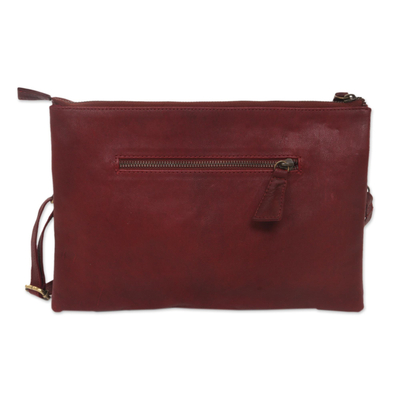 Leather shoulder bag, 'Shimmering Morning in Garnet' - Handcrafted Adjustable Leather Shoulder Bag from Java