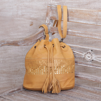 Leather bucket bag, 'Shimmering Honey' - Adjustable Leather Bucket Bag in Honey from Java