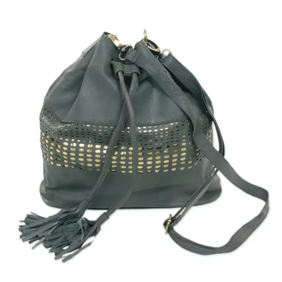 Leather bucket bag, 'Glittering Dew in Graphite' - Adjustable Leather Bucket Bag in Graphite from Java